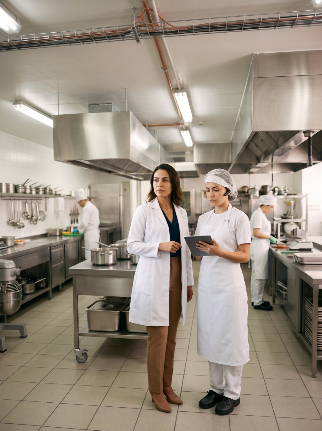 Nutricionista e colaboradora conferindo o checklist em uma cozinha industrial